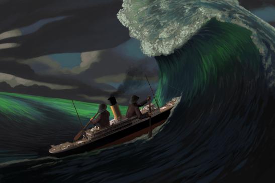 An ocean liner heads into a big wave. There are two men paddling the ship, making it appear as if the ship is very small, or they are giants.