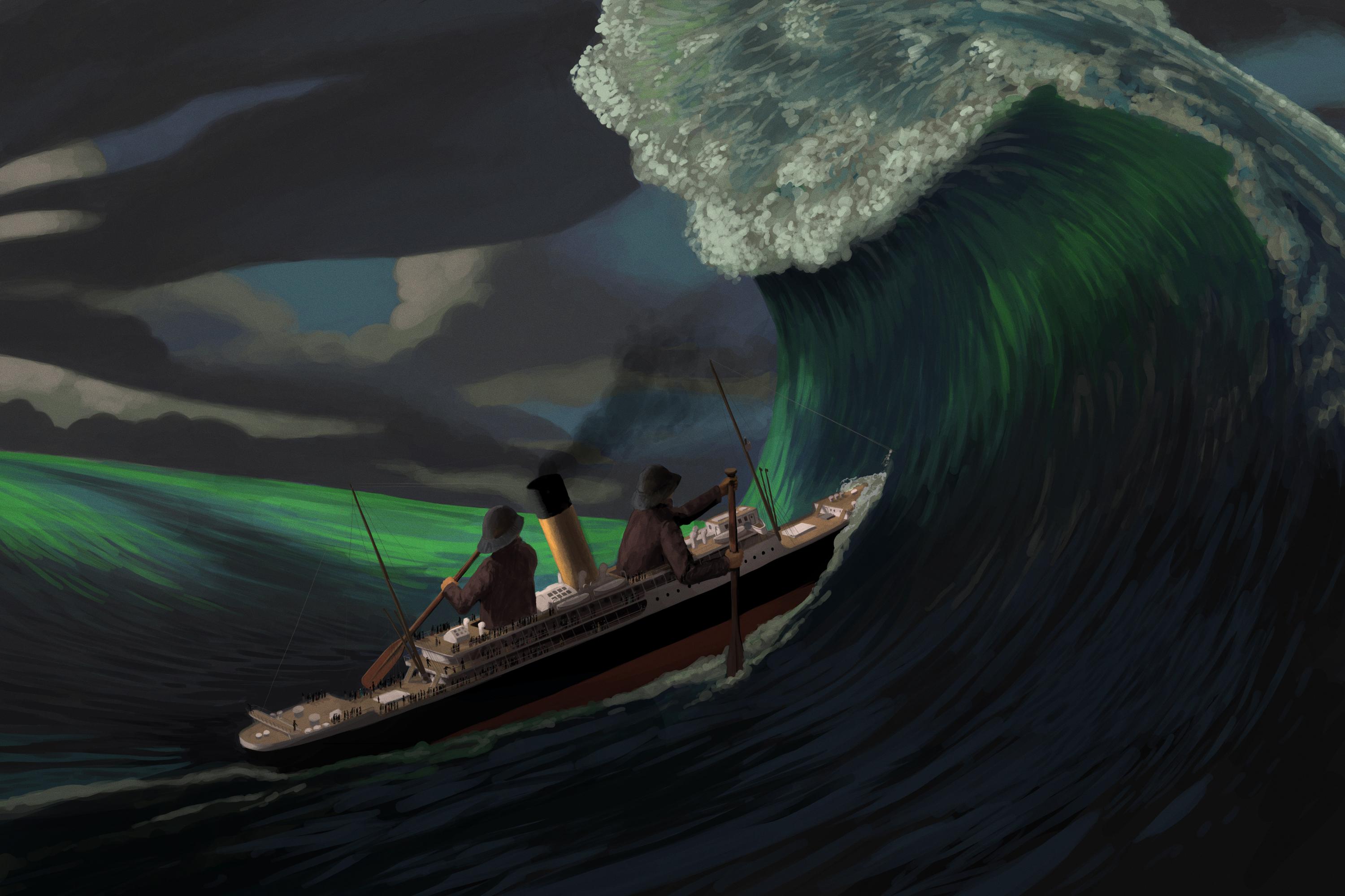 An ocean liner heads into a big wave. There are two men paddling the ship, making it appear as if the ship is very small, or they are giants.
