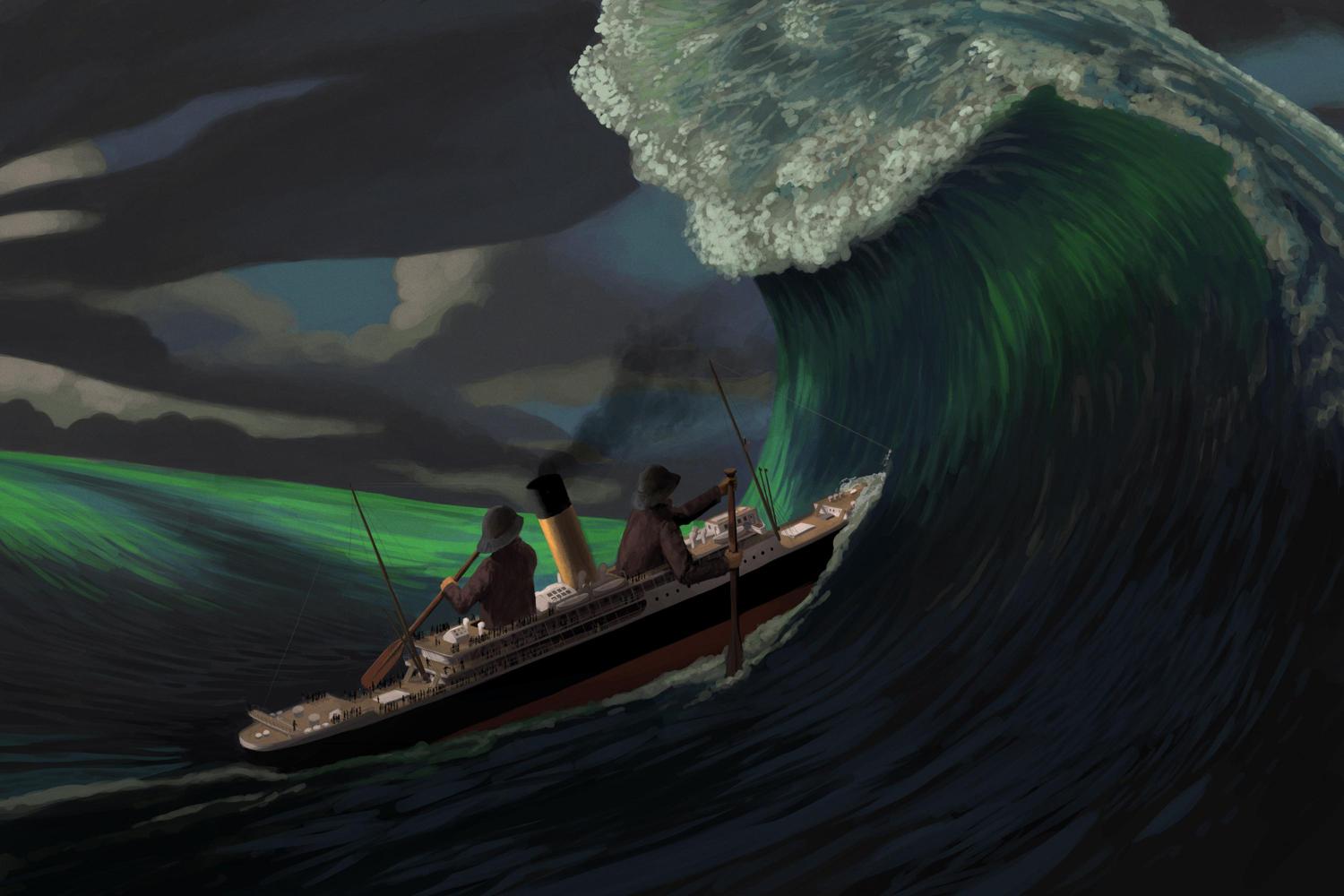An ocean liner heads into a big wave. There are two men paddling the ship, making it appear as if the ship is very small, or they are giants.