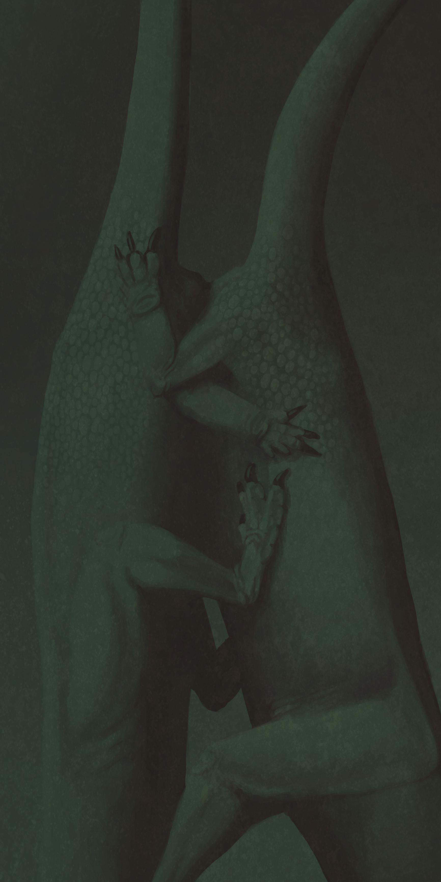 A monochromatic image displaying an abstract, dark green scene with two humanoid forms that seem to merge into one another. Their bodies are elongated and distorted with a smooth texture, and they have exaggerated limbs with pointed, claw-like fingers. The figures are intertwined in a way that makes it difficult to distinguish where one ends and the other begins, creating an eerie, unified silhouette. The background is a deeper shade of green that fades into black, enhancing the mysterious and surreal quality of the artwork.