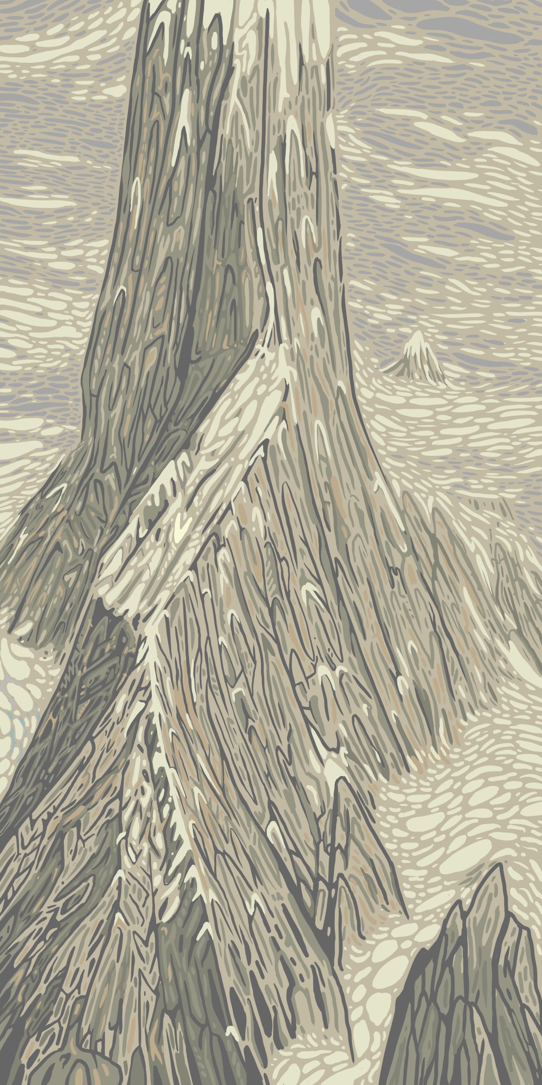 Digital artwork featuring a close-up view of a mountain's surface with intricate striations and patterns. The color palette is composed of various shades of beige, tan, and brown, evoking a sense of natural rock formations. The textural details suggest layers of sediment or weathered stone, while the swirling lines give the image a dynamic quality. The composition fills the frame, focusing solely on the abstracted patterns of the mountain's facade, with no sky or other landscape features visible.